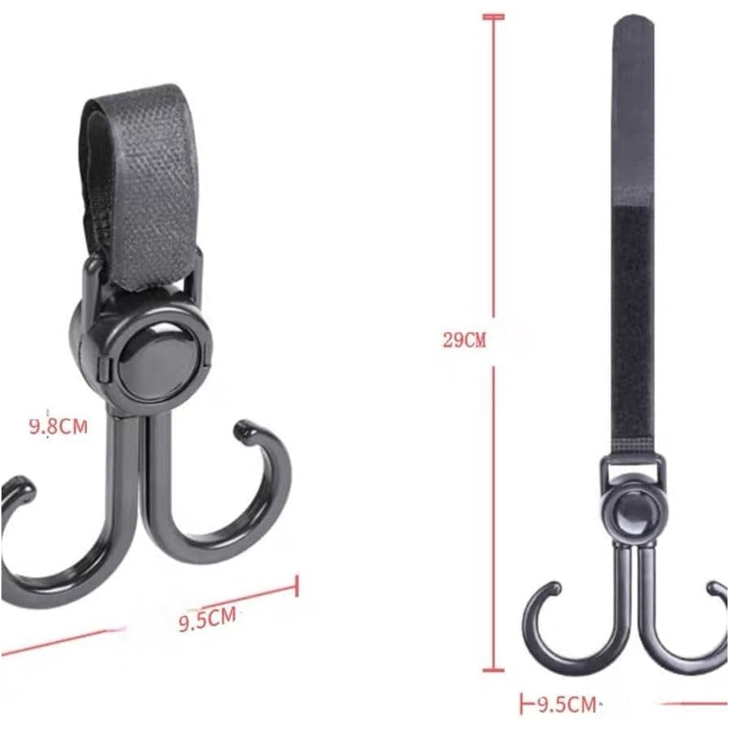 Universal stroller hook attached to a wheelchair handle, demonstrating versatility.