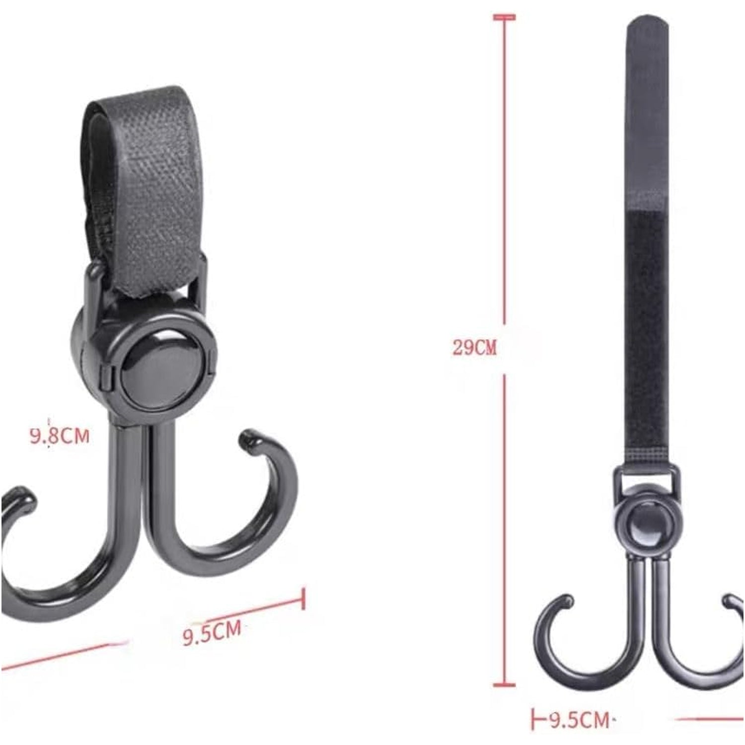 Universal stroller hook attached to a wheelchair handle, demonstrating versatility.