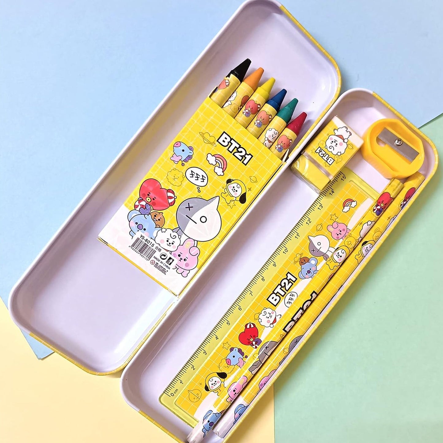 Engaging 12-piece kids stationery school kit with cartoon metal pencil box and erasers.
