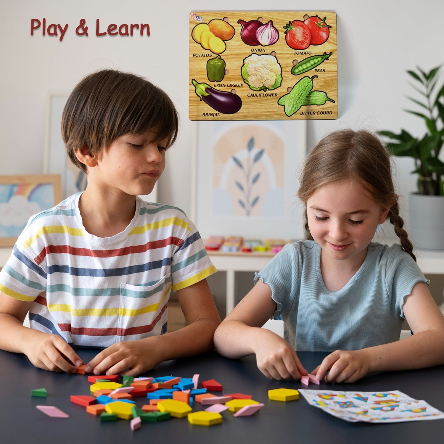 Top view of a wooden vegetable peg puzzle board with vibrant shapes for kids.