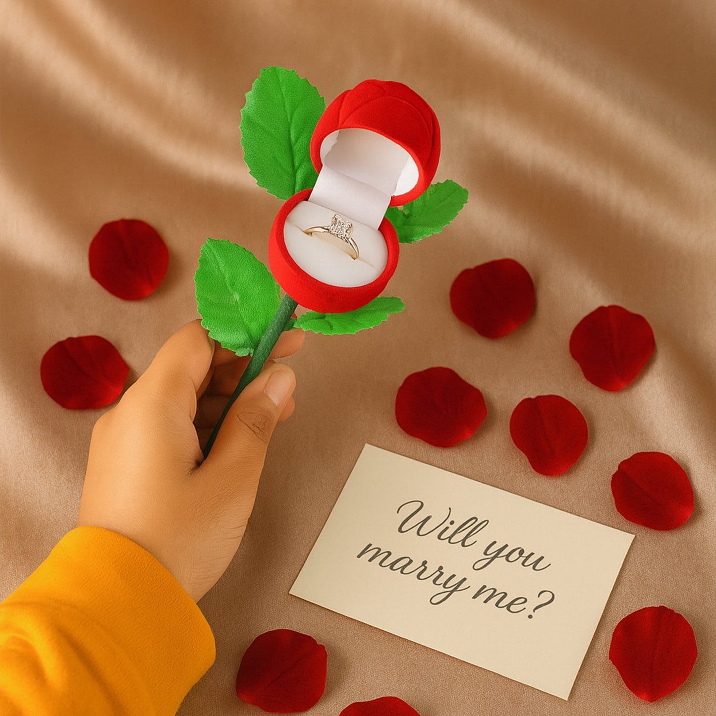 Ring storage box showing velvet lined interior in rose design