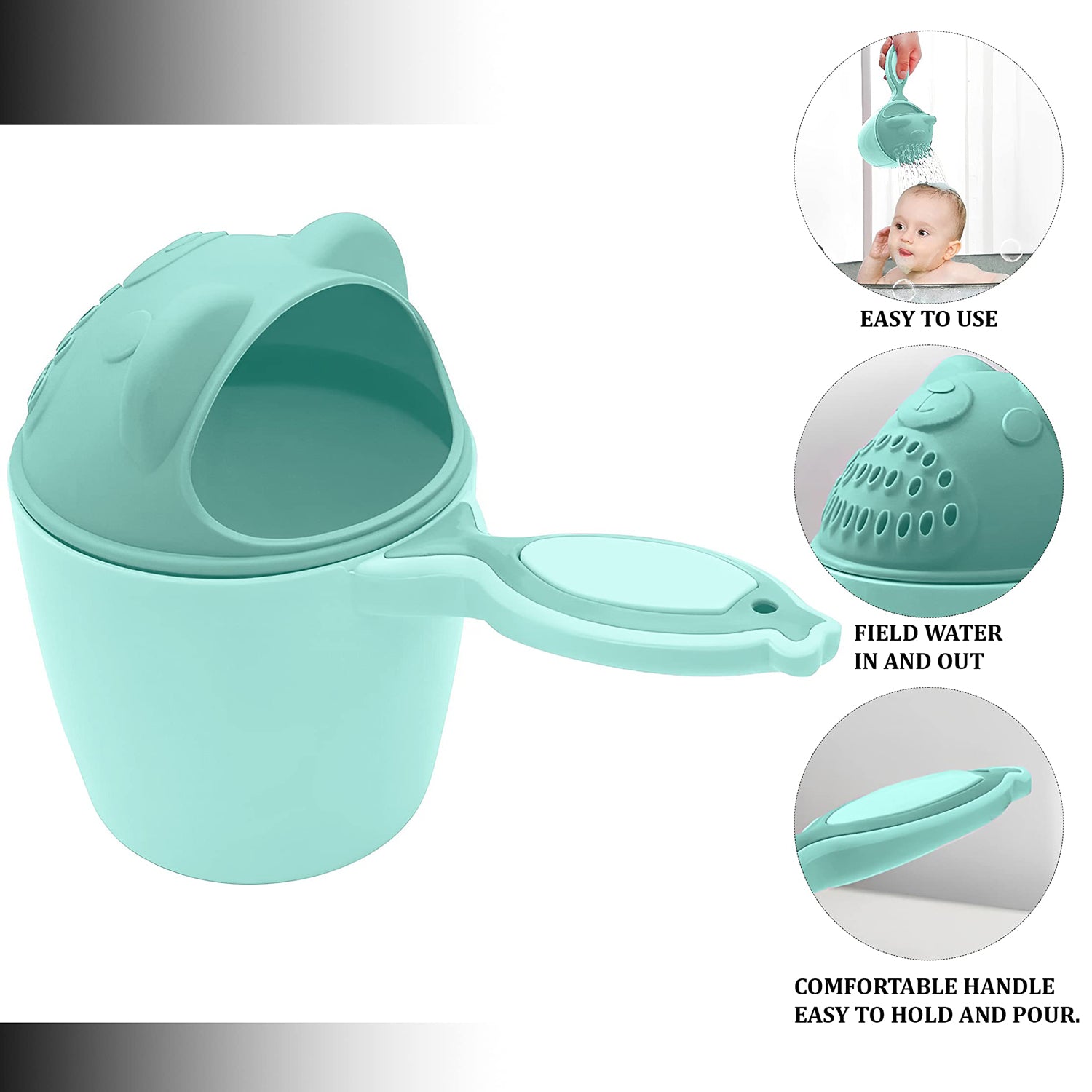 A parent gently pouring water over a baby's head using the baby bath tumbler, demonstrating its ease of use.