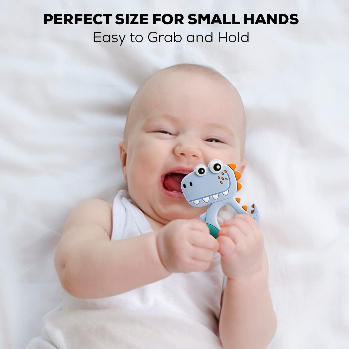 Detailed textured surface of silicone dinosaur teether for gum massage