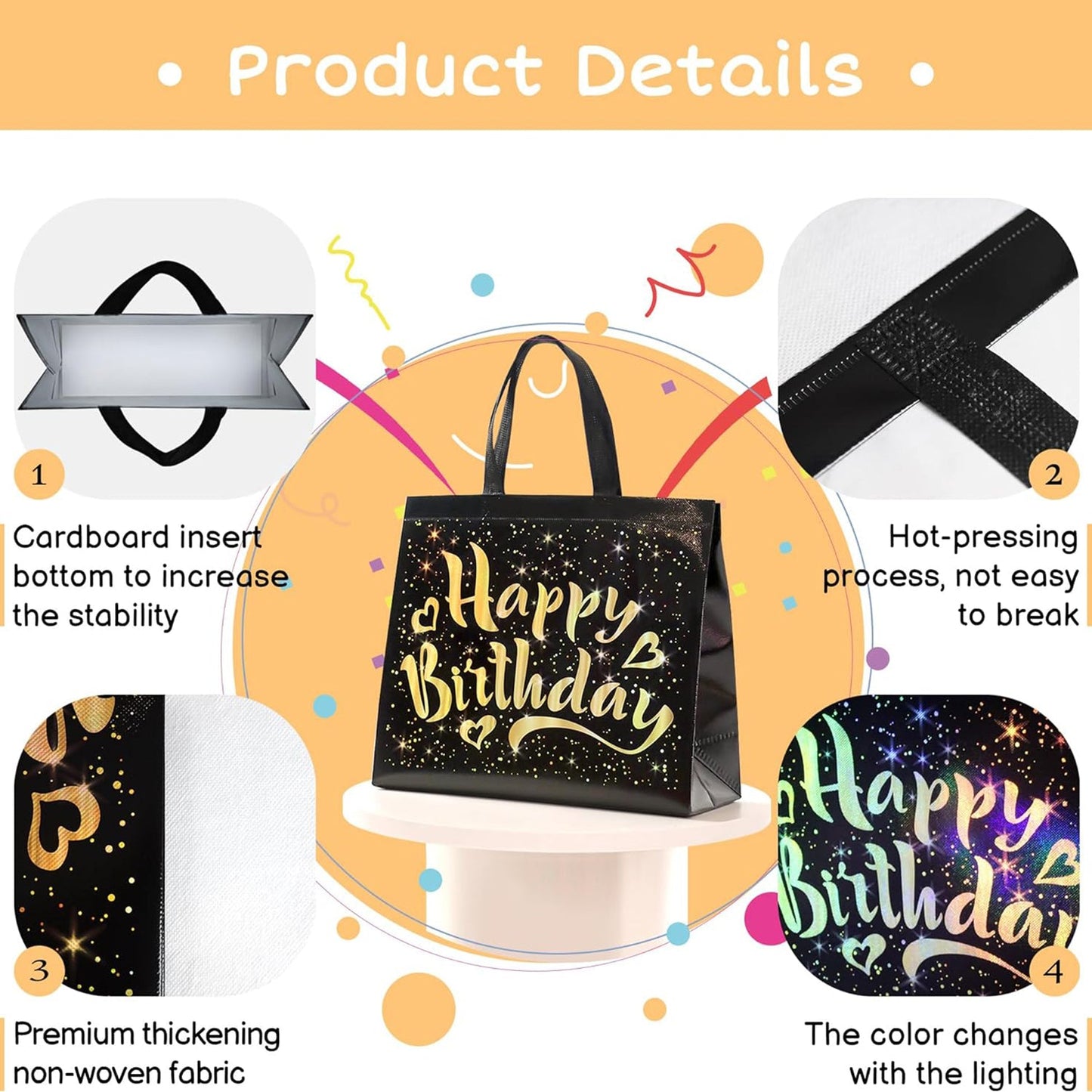 Side profile of reusable black birthday gift bag with gold star design