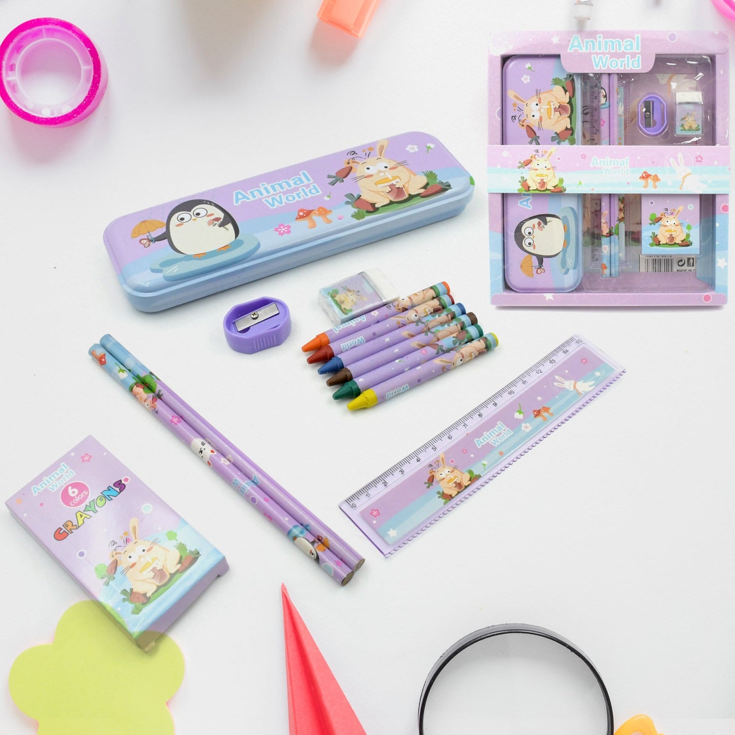 Vibrant 12-piece Stationery Kit for Kids with metal pencil box, front view.