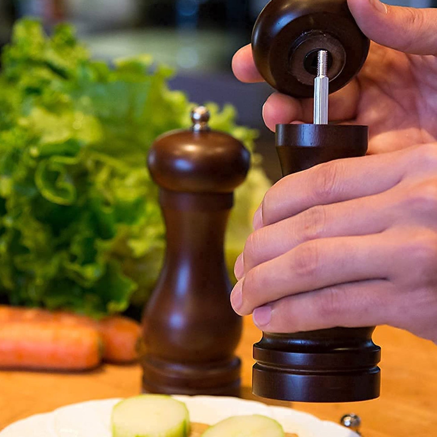 Artisan-crafted wooden pepper mill with an S-shaped design, perfect for any dining table.