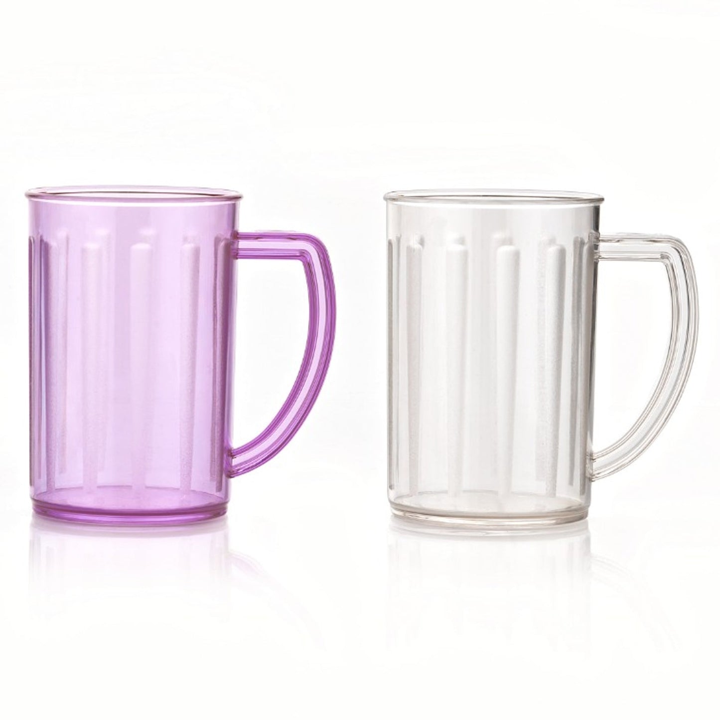 Two clear plastic drinking glasses with handles displayed side by side.