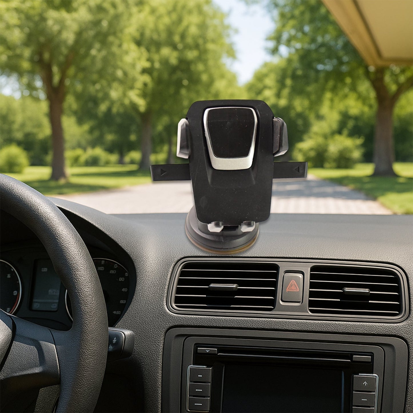 An adjustable car mount holding a smartphone securely on a car dashboard.