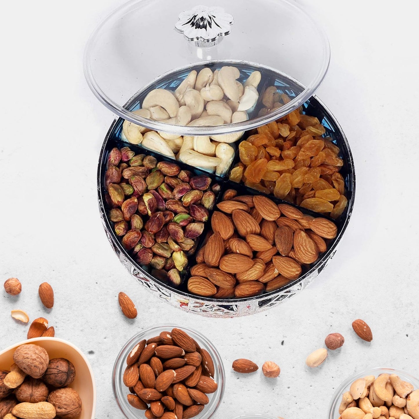 Close-up of an elegant silver gift box, ideal for nuts and dried fruits.