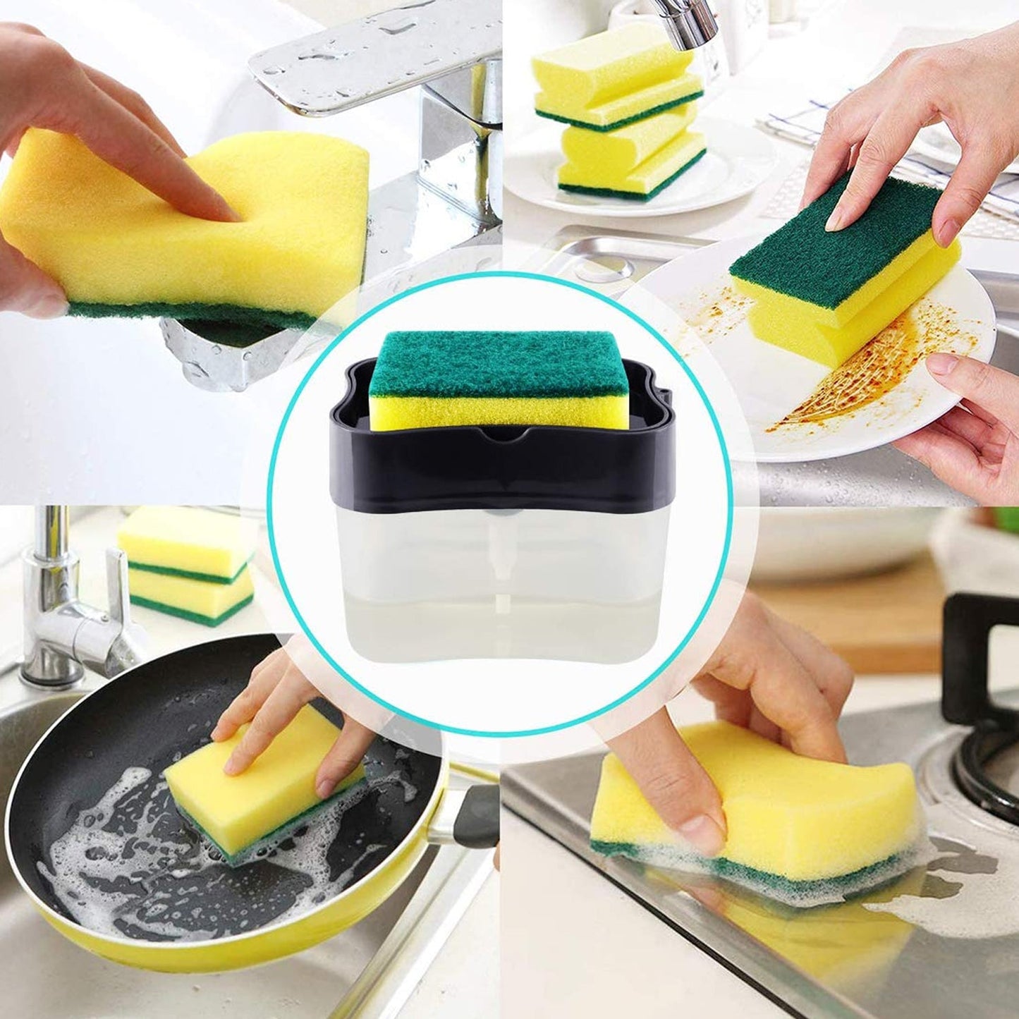 Dual function liquid soap dispenser and scrub storage unit on a clean surface.