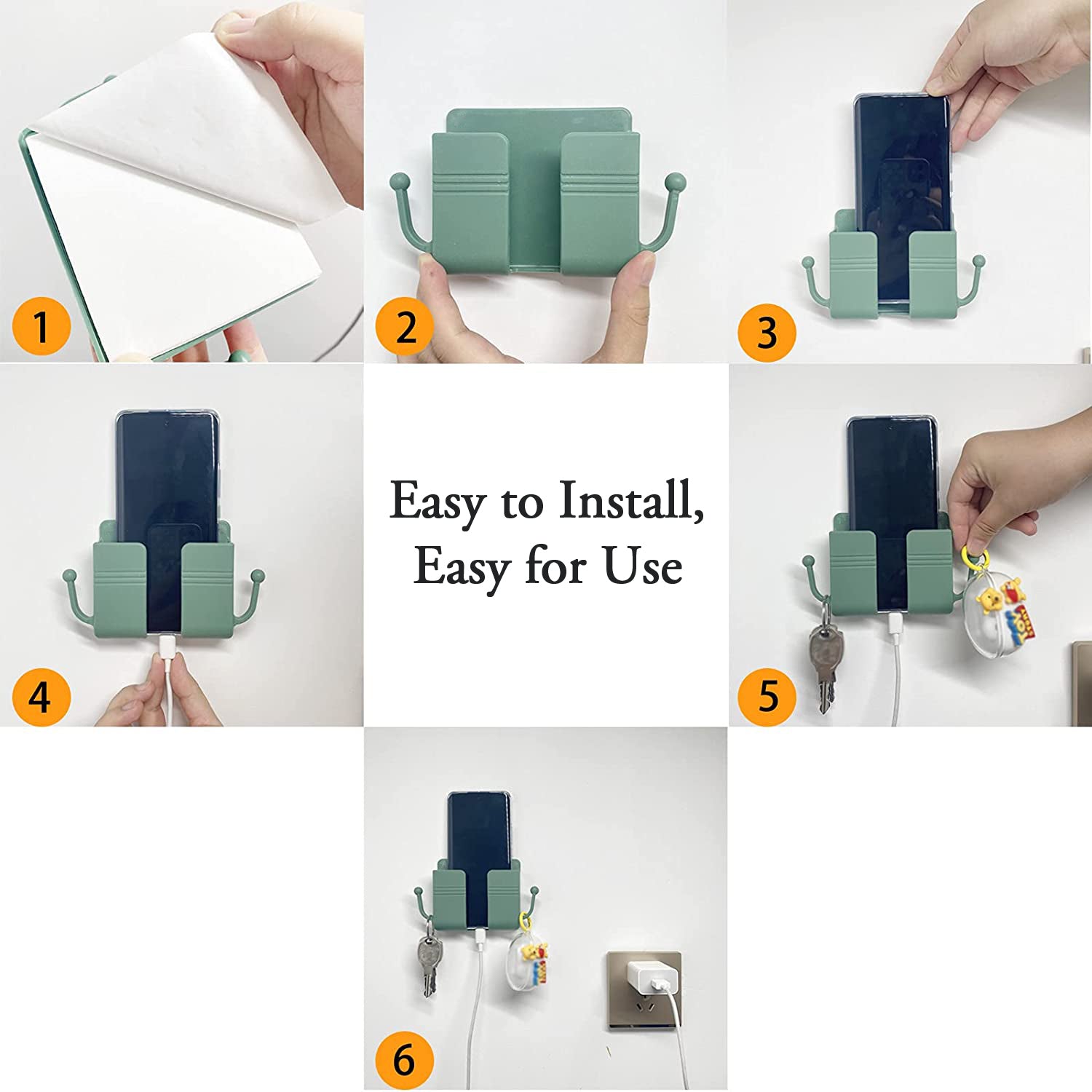 Wallmount phone stand with hook, ideal for holding various household essentials.