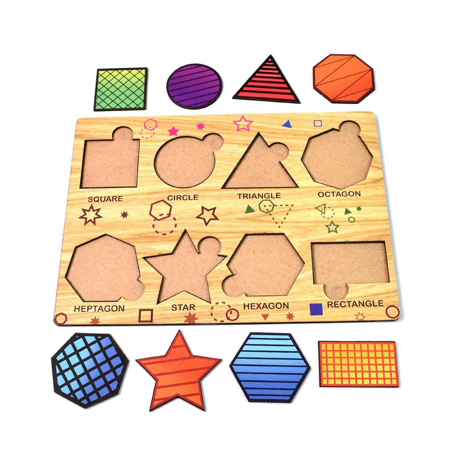 Top-down view of the completed Wooden Triangle Puzzle, showcasing vibrant shapes.