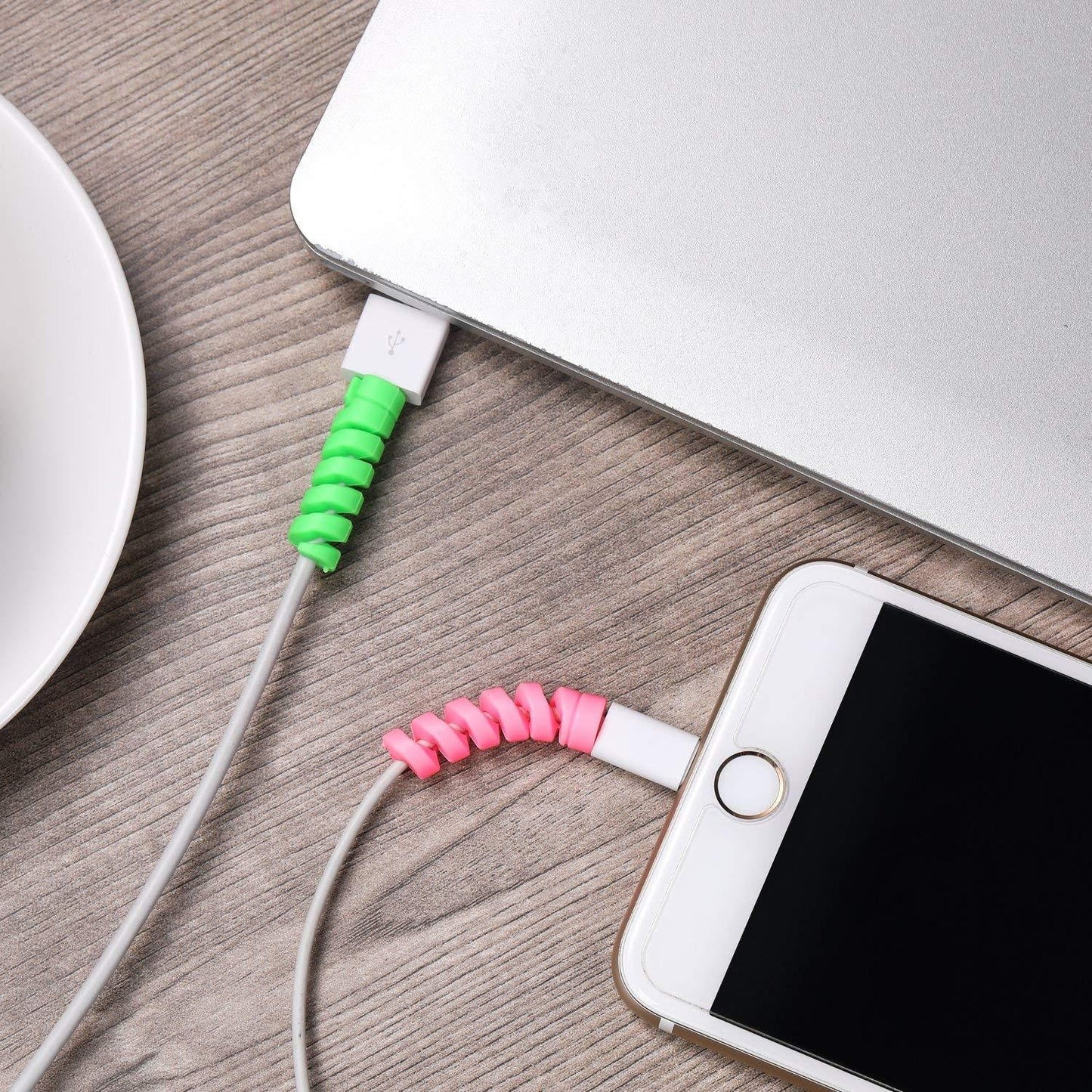 A convenient 10-pack of colourful spiral silicone cable organizers for various cables.