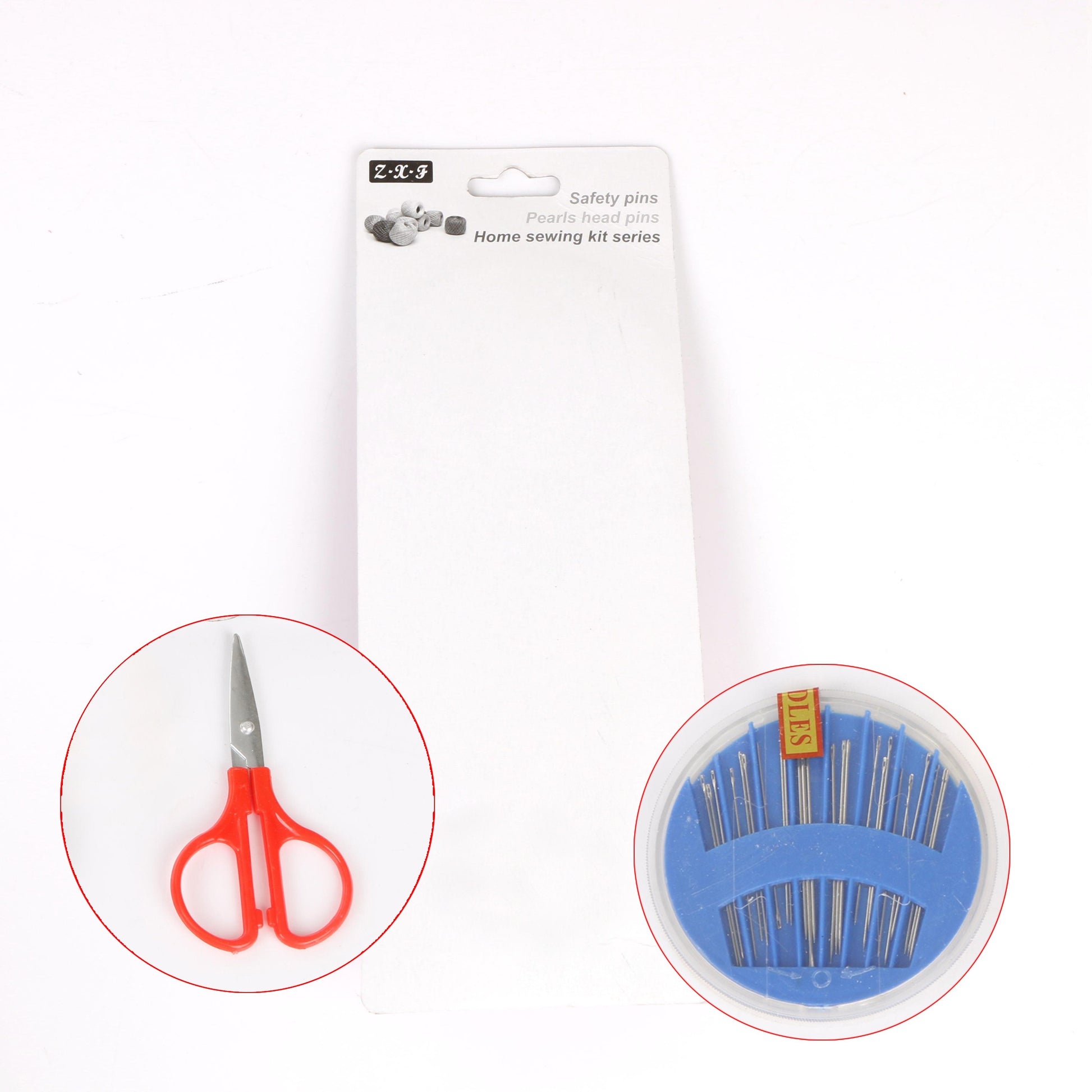 Compact sewing kit displaying assorted threads, needles, and a thimble.
