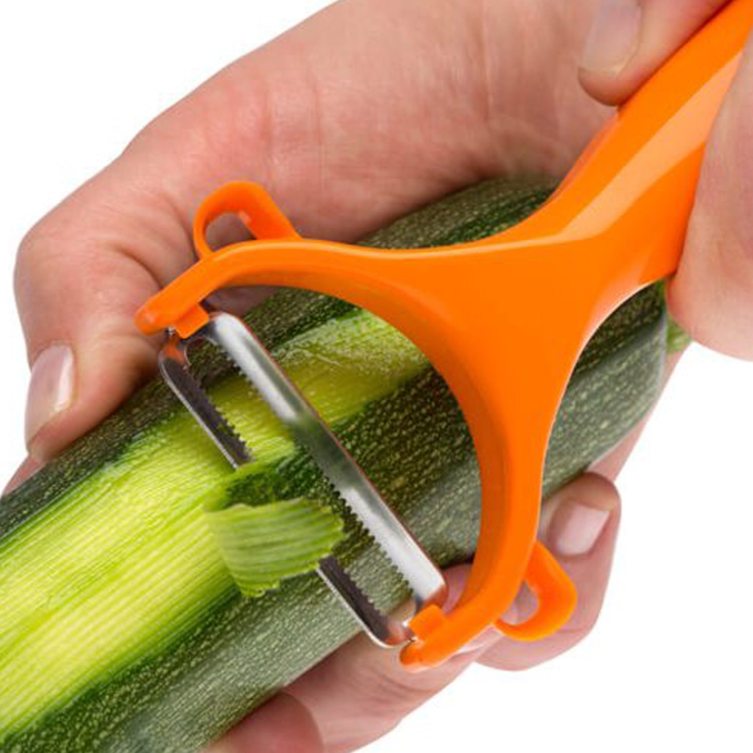 Close-up of a Y-shape vegetable peeler with a sharp stainless steel blade.