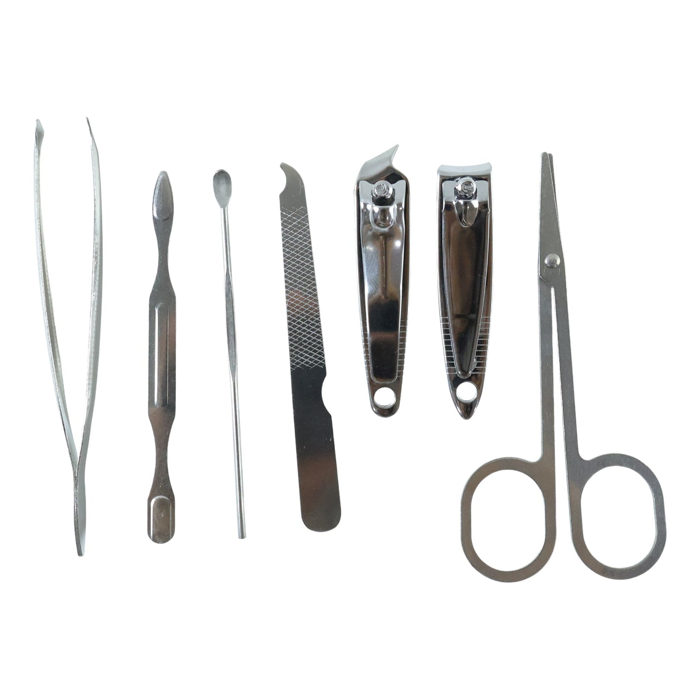 Nail care grooming kit tools arranged inside a protective storage case