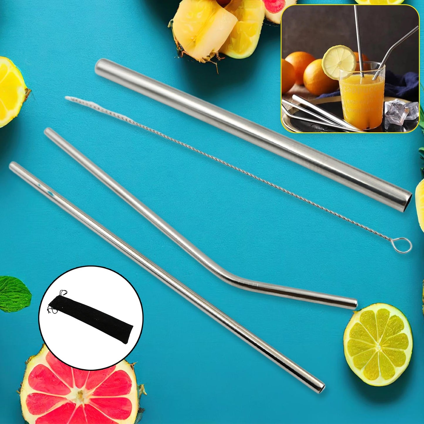 Happy Bathers' 4-piece stainless steel straws set with travel case and cleaning brush.