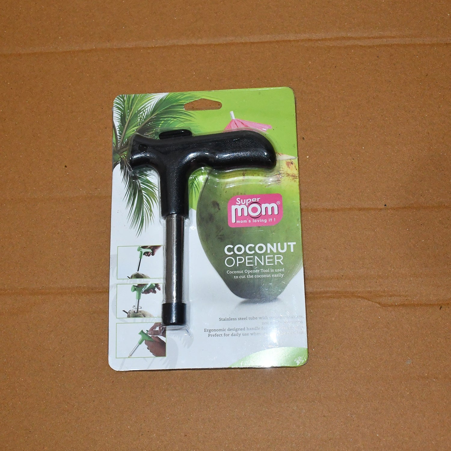 Steel and plastic coconut opener tool designed for safe coconut piercing