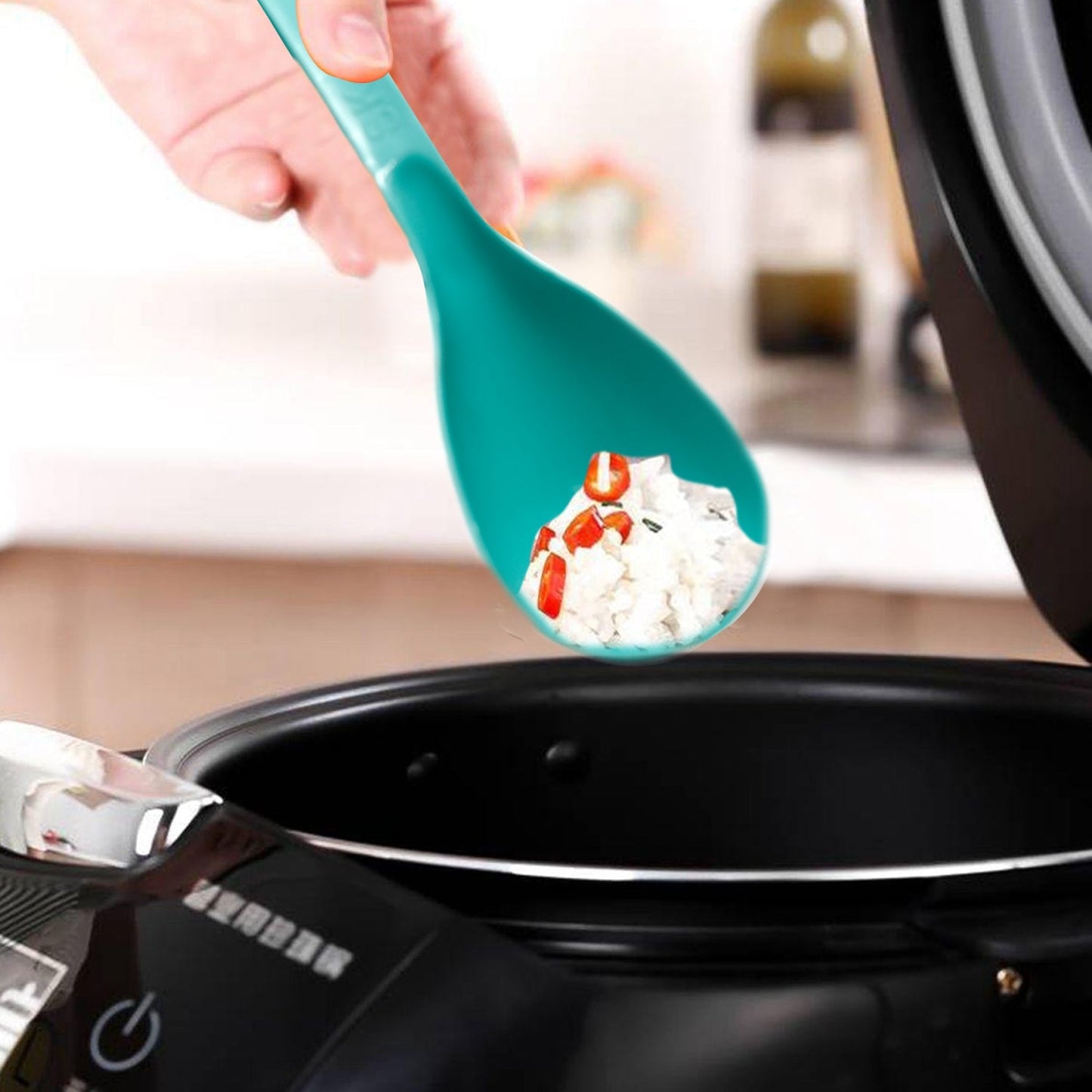 Close-up of a durable BPA-free plastic serving spoon with a smooth finish, ideal for kitchen use.