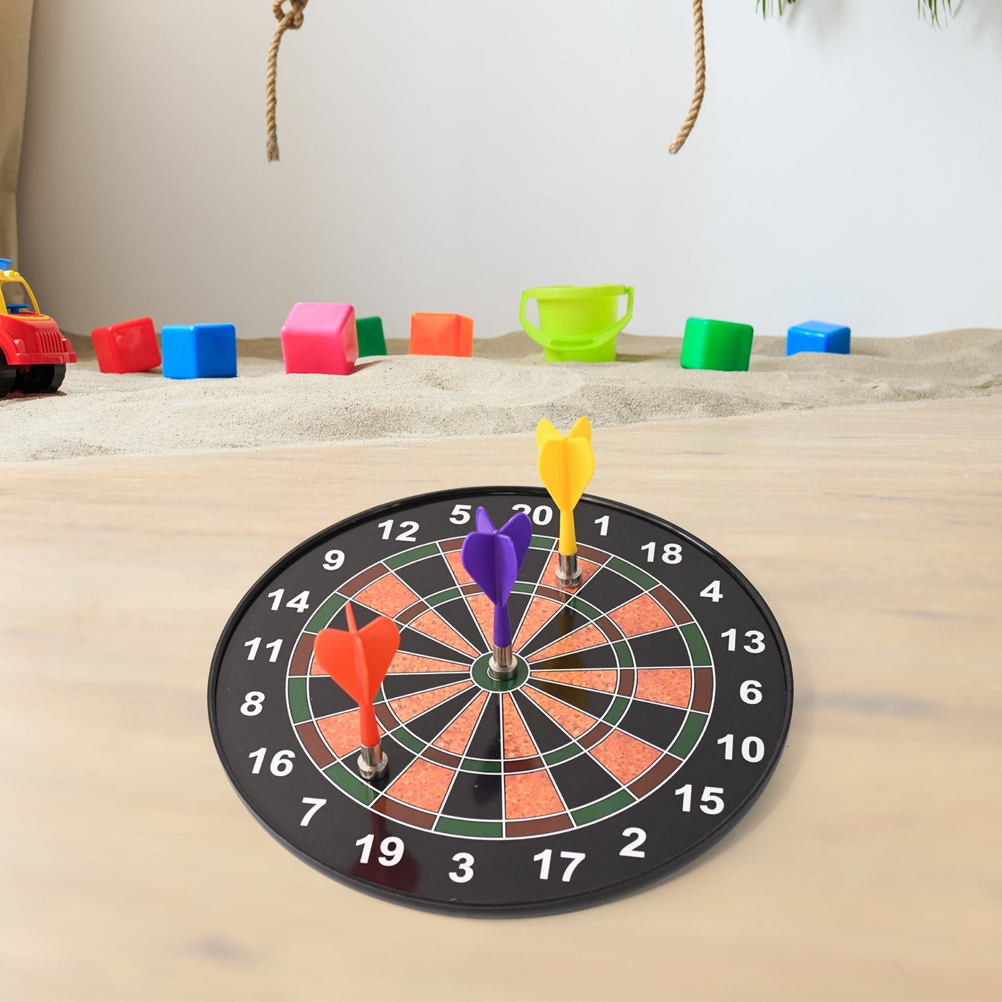 Magnetic dartboard game set displaying its dimensions and key features
