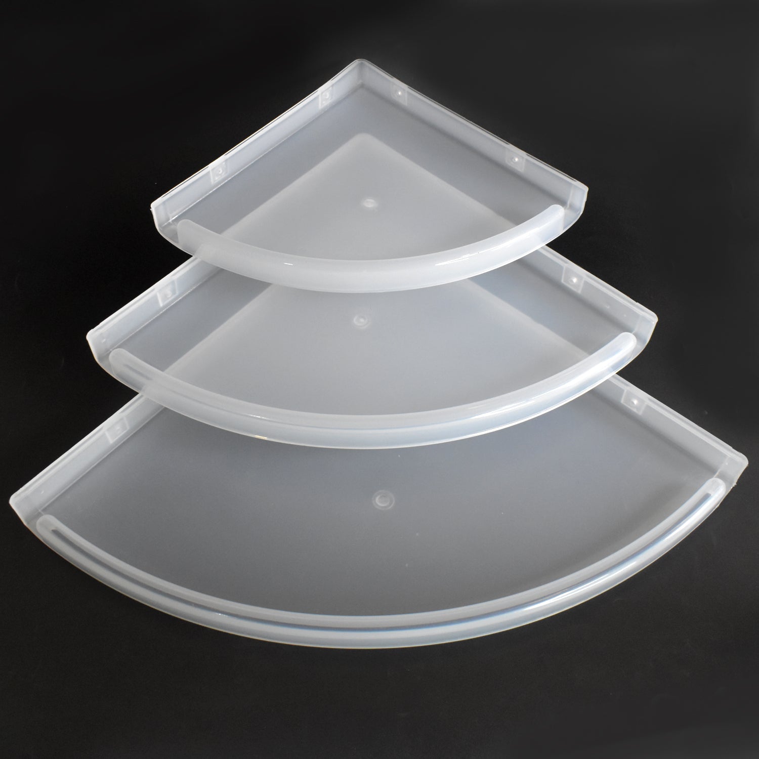 Side view of a sturdy white plastic corner shelf, ready for bathroom installation.