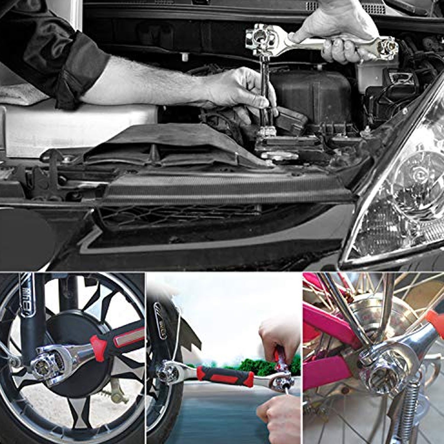 Ergonomic swivel head wrench tool designed for efficient furniture and car repair.
