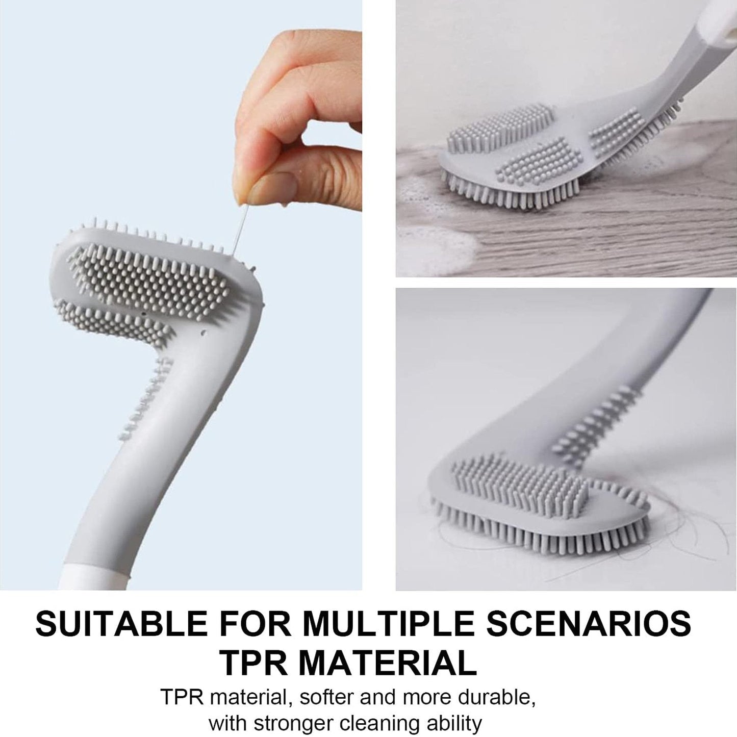 Golf toilet brush demonstrating its flexible head for reaching under the rim.