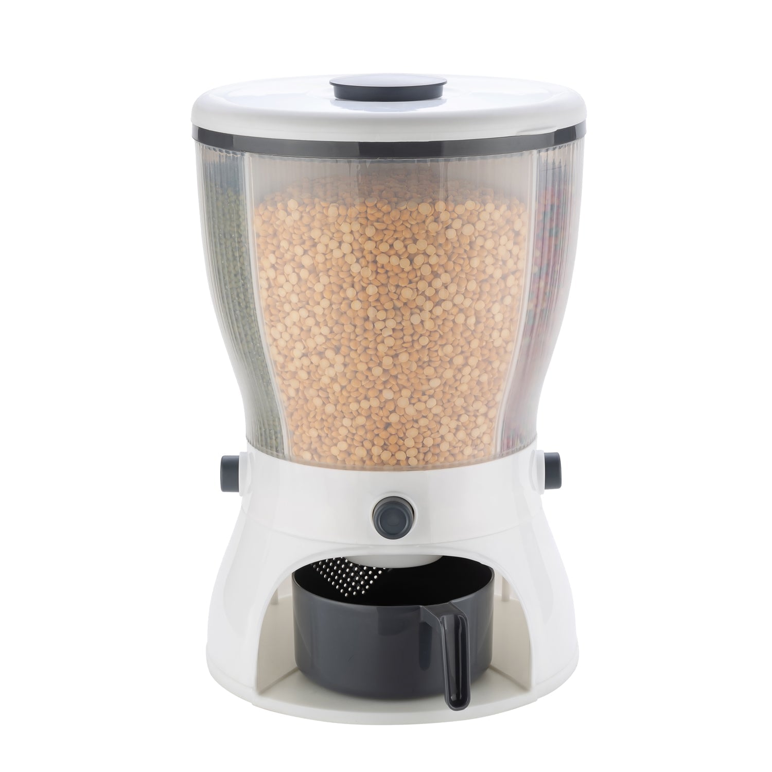 Assortment of grains and cereals neatly stored within the multi-compartment rice dispenser.