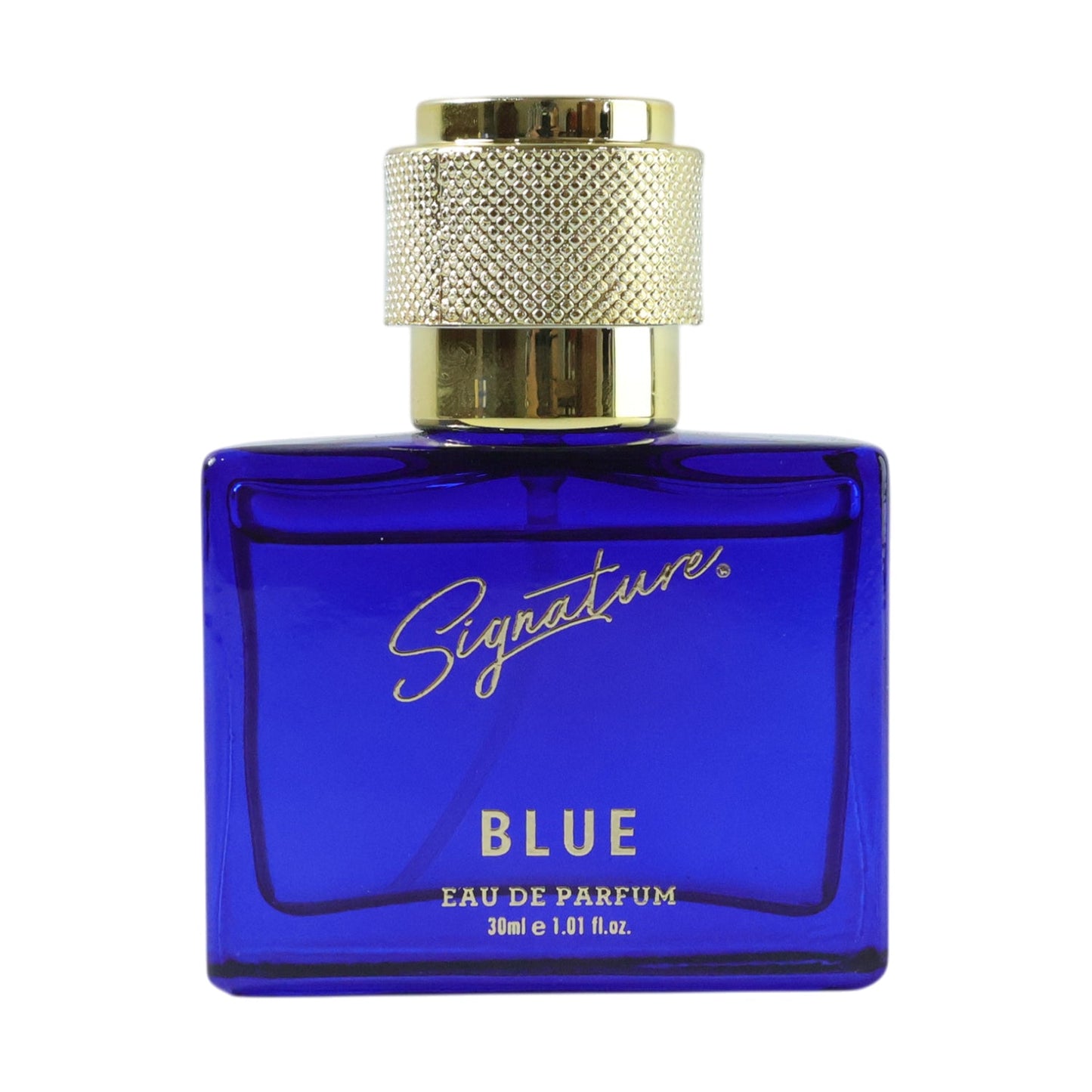 Luxury blue fragrance perfume bottle for men on display