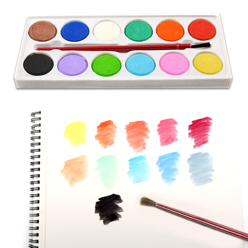 Closed non-toxic watercolor kit with 12 shades and a paint brush, perfect for art students.