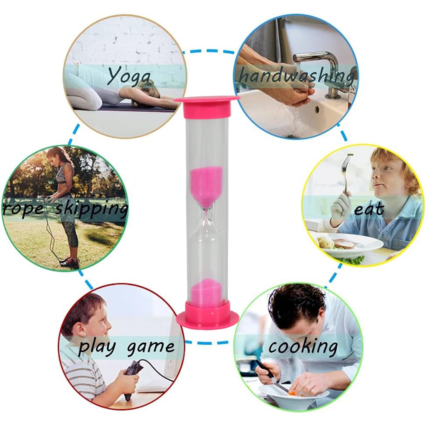 A red 3-minute sand timer used in a kitchen setting, perfect for cooking or baking.