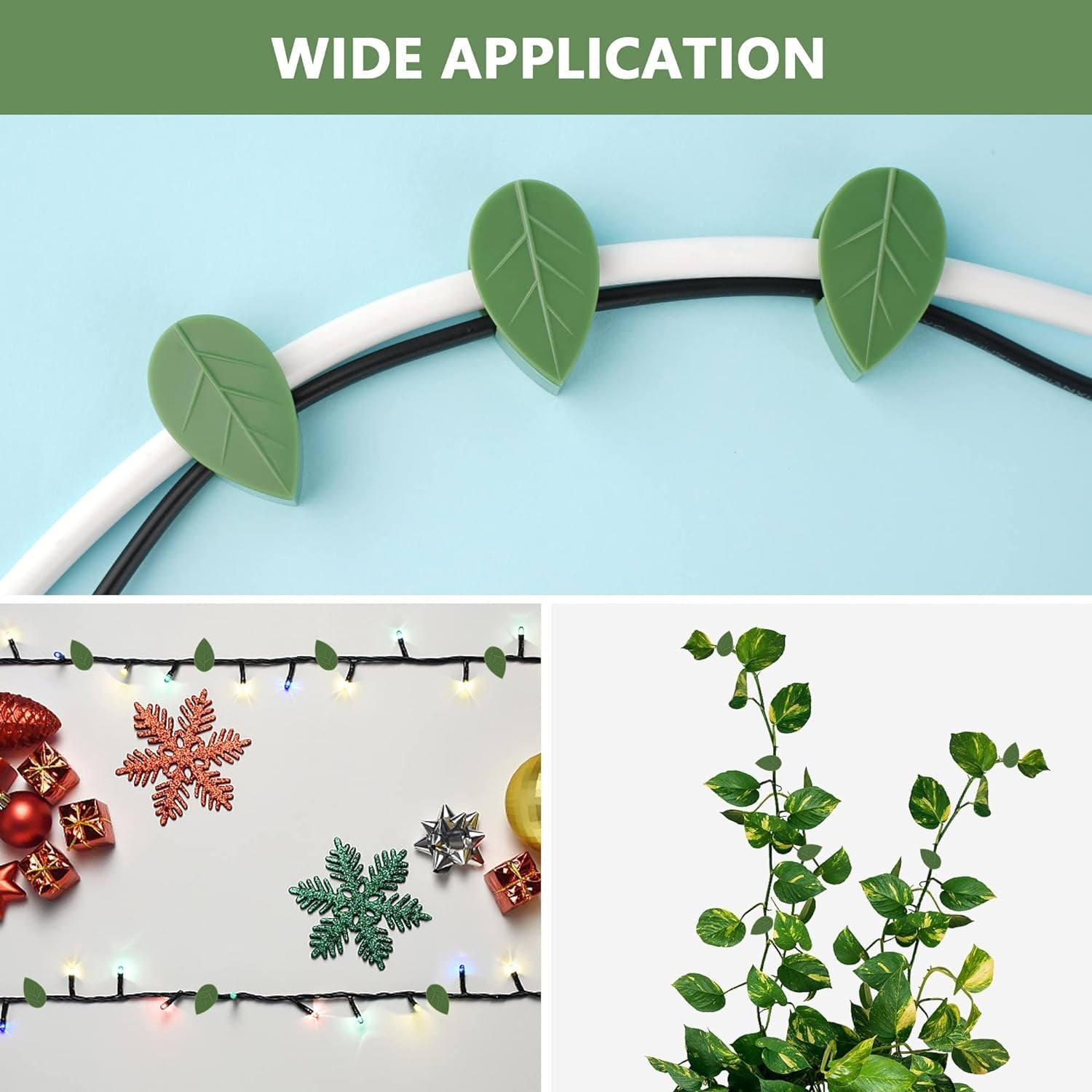 Self-adhesive plant clips discreetly holding a vibrant green vine against a light-coloured wall.