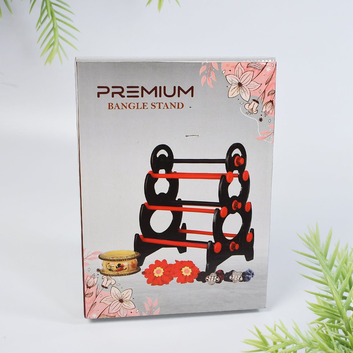 Festive Indian bangles displayed on the elegant multi-tier stand for Navratri celebration.
