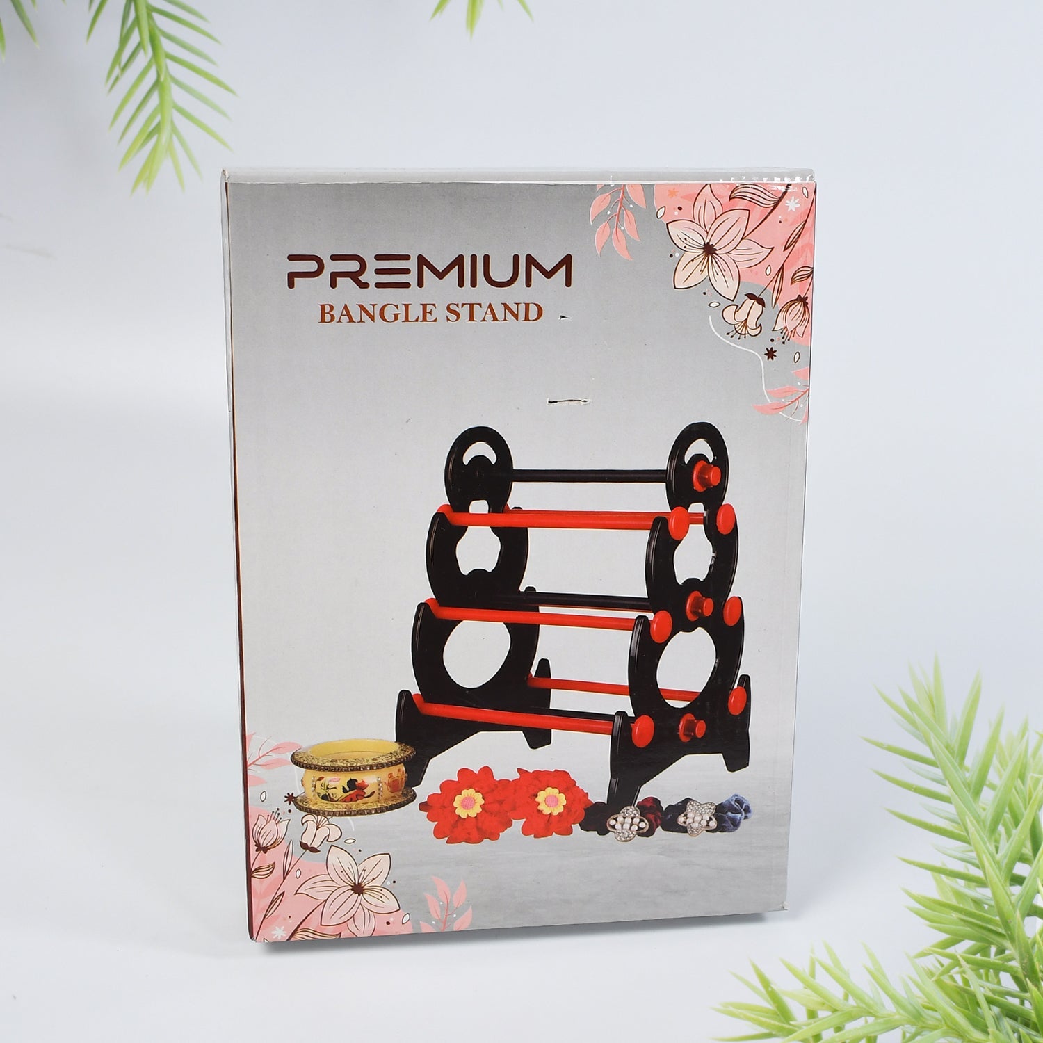 Festive Indian bangles displayed on the elegant multi-tier stand for Navratri celebration.
