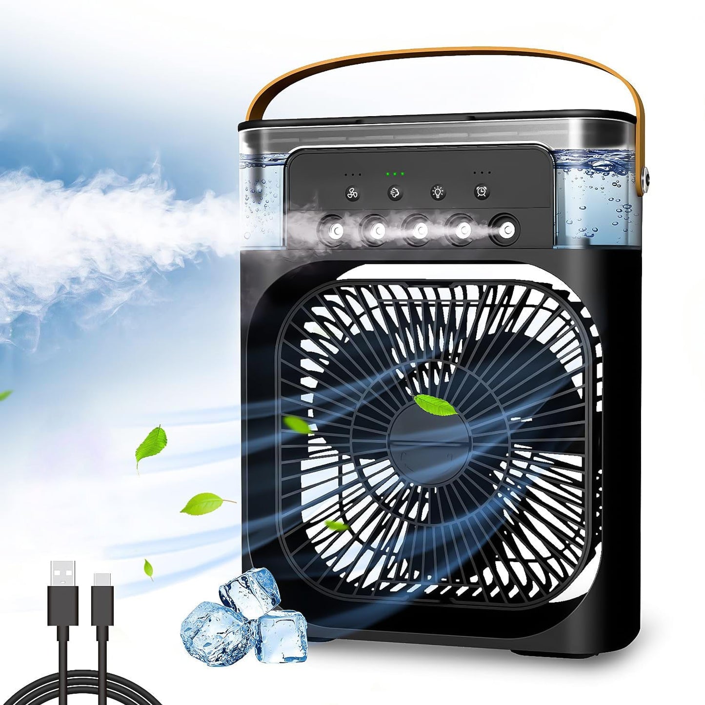 Size reference with  portable air cooler fan on desk