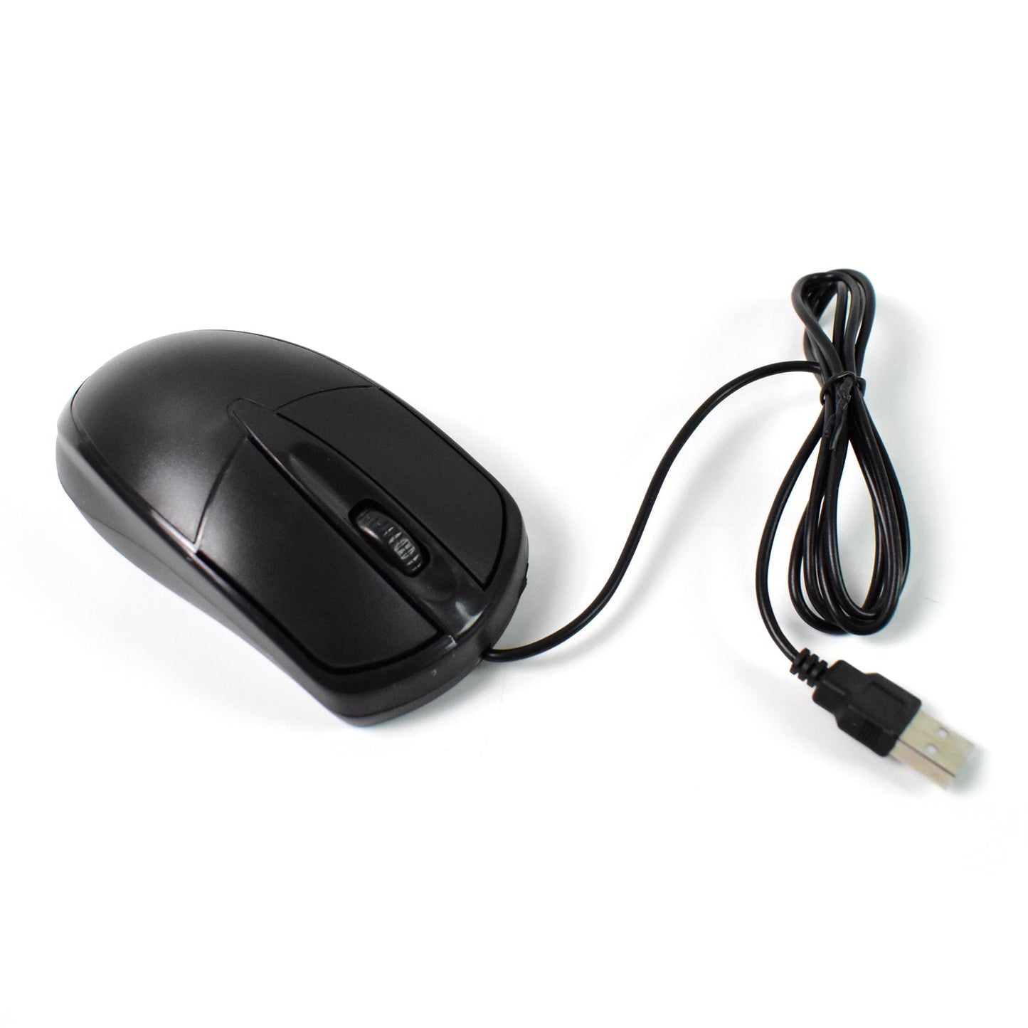 Black wired optical mouse connected to a laptop, demonstrating its plug-and-play convenience.