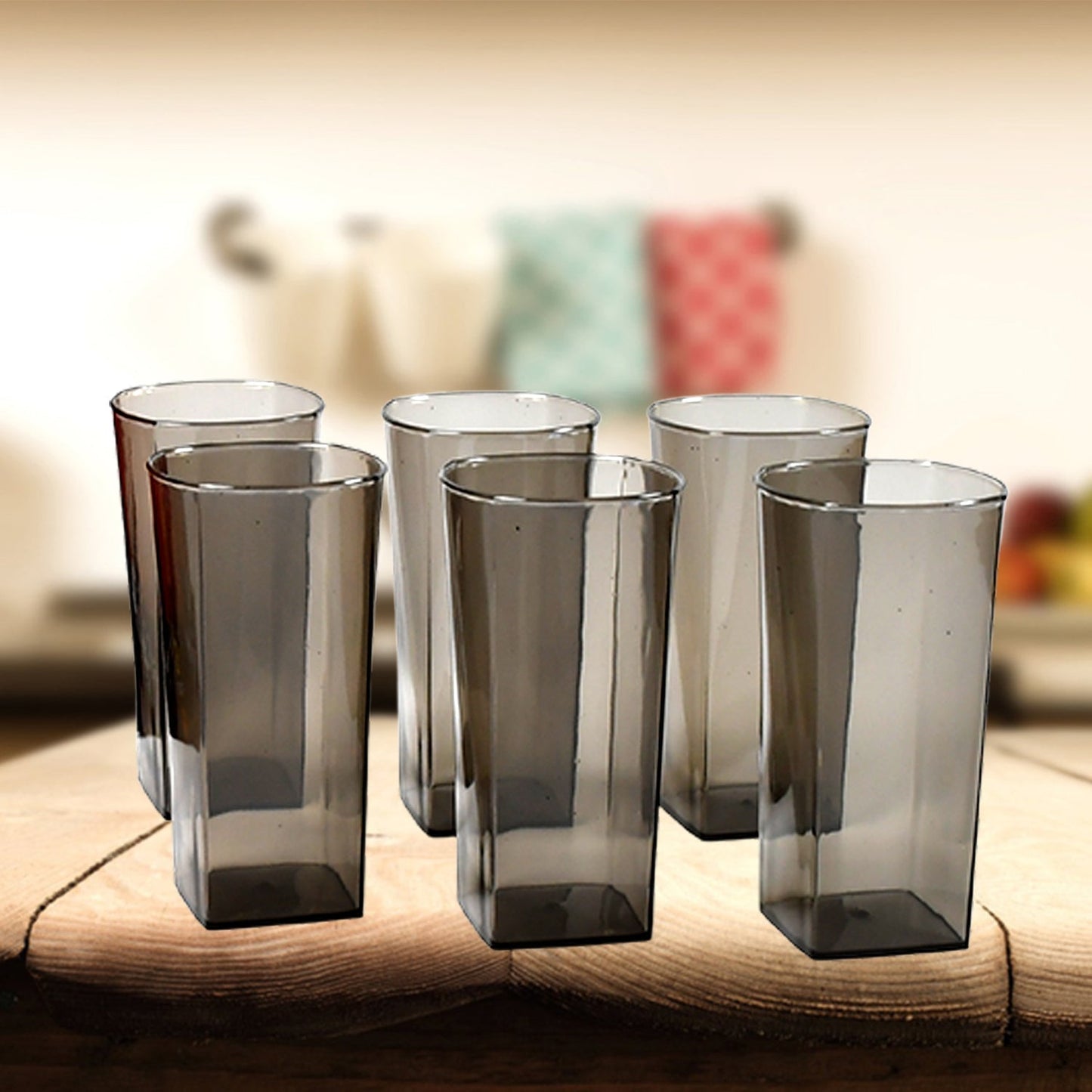 Arrangement of black unbreakable plastic tumblers with a modern square design.