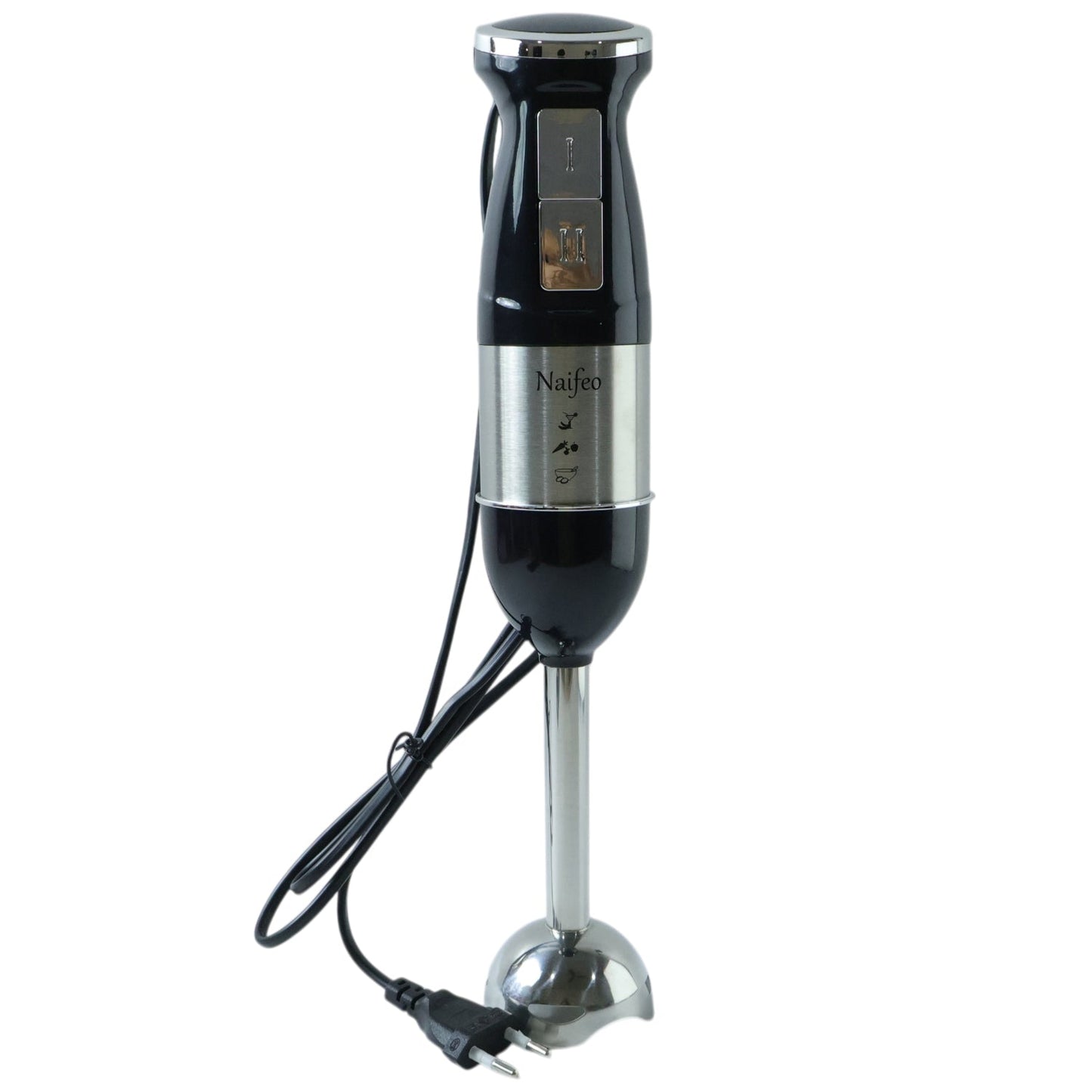 Immersion blender with four stainless steel blades blending soup in bowl