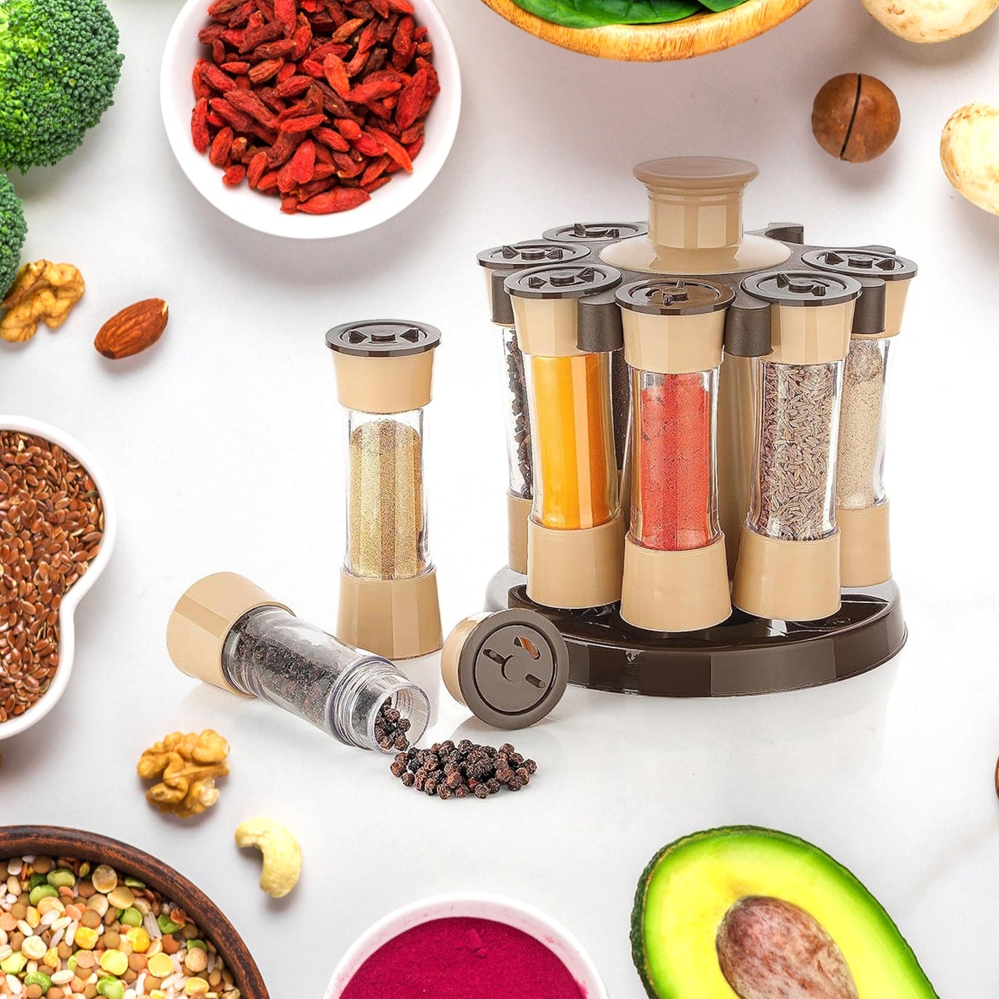 Detailed shot of a transparent spice jar from the revolving spice rack, showing contents.