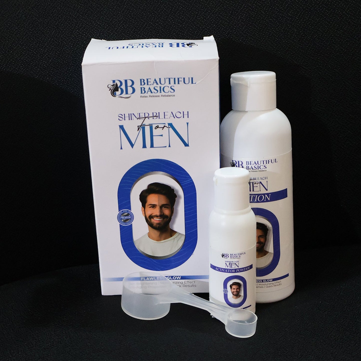 Measuring spoon used for accurate application of men's bleach facial hair lightening kit.
