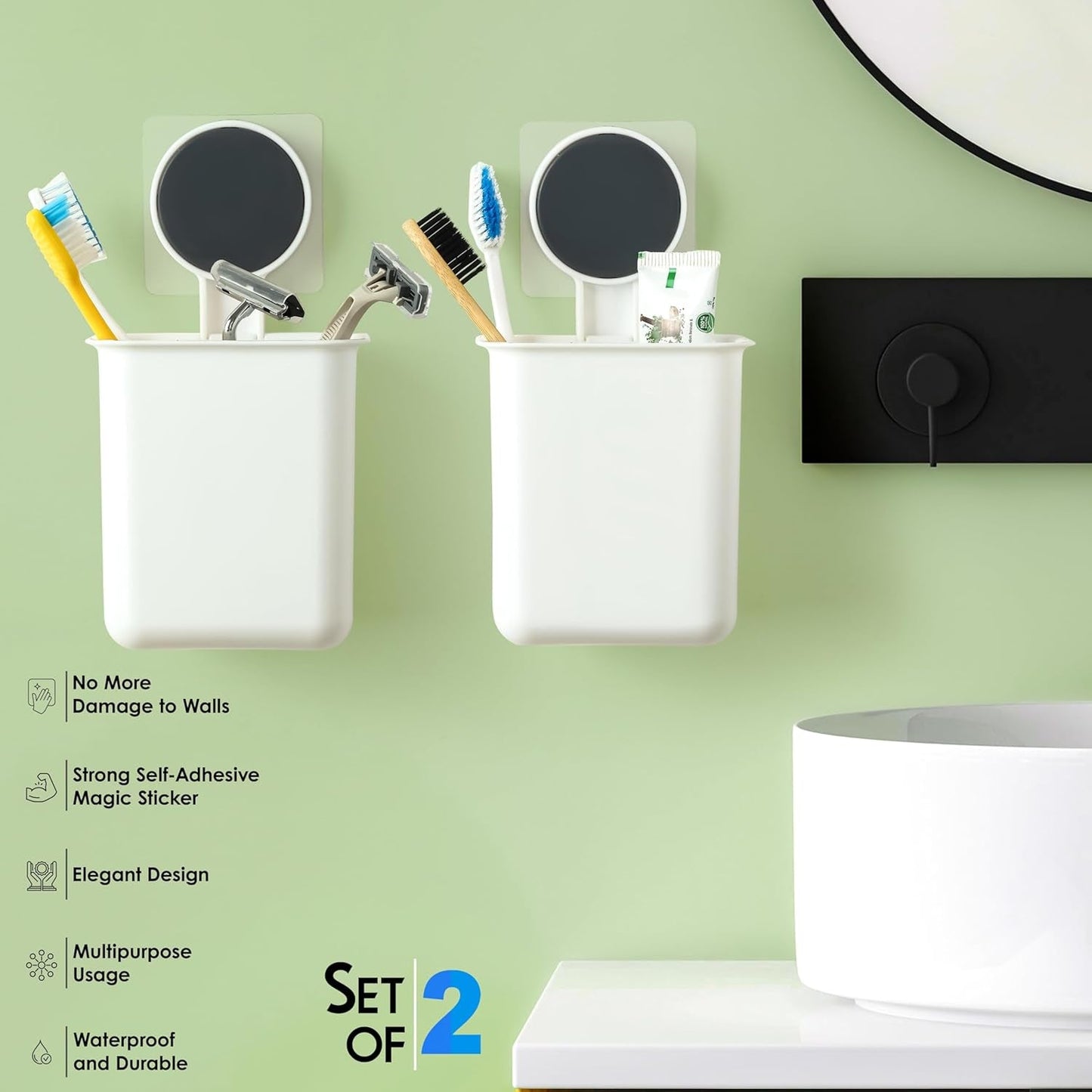 Adhesive bathroom organizer cups installed on wall
