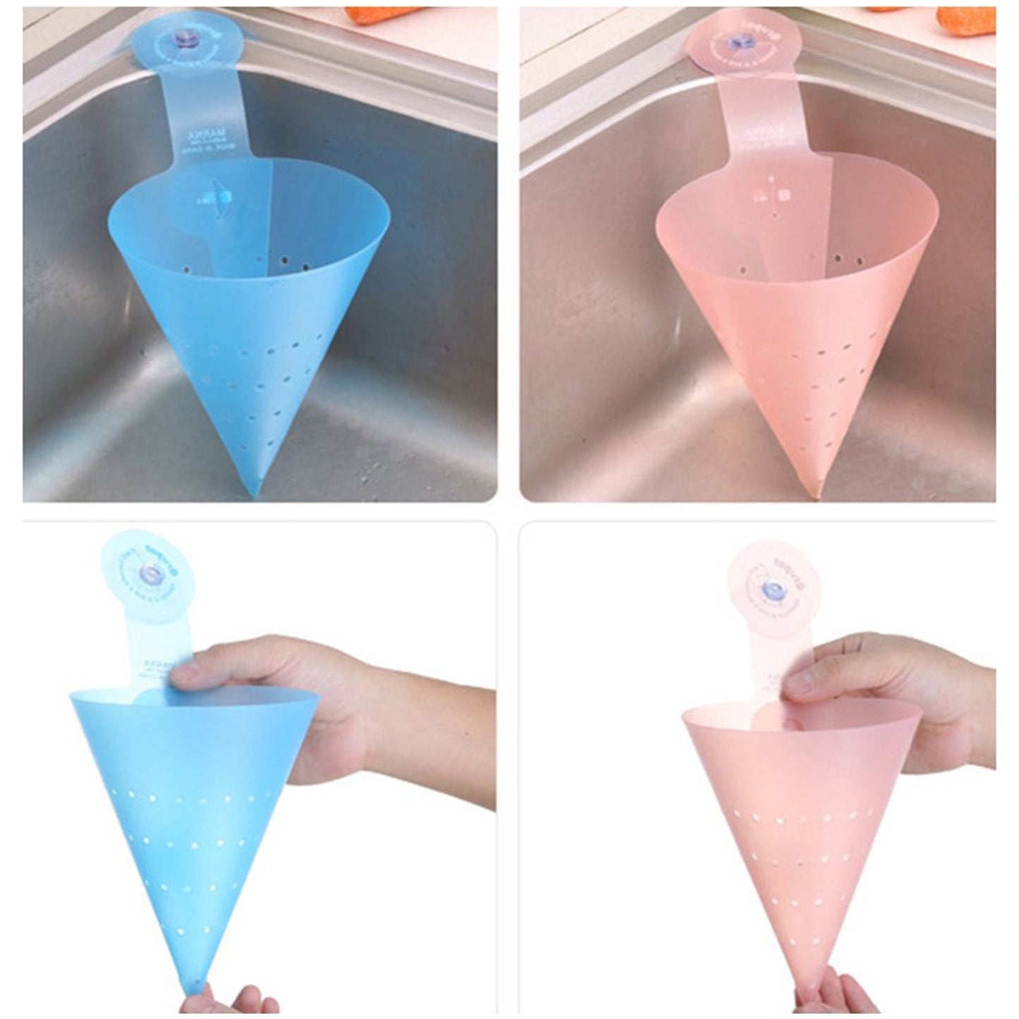 Silicone hanging trash strainer attached inside kitchen sink corner