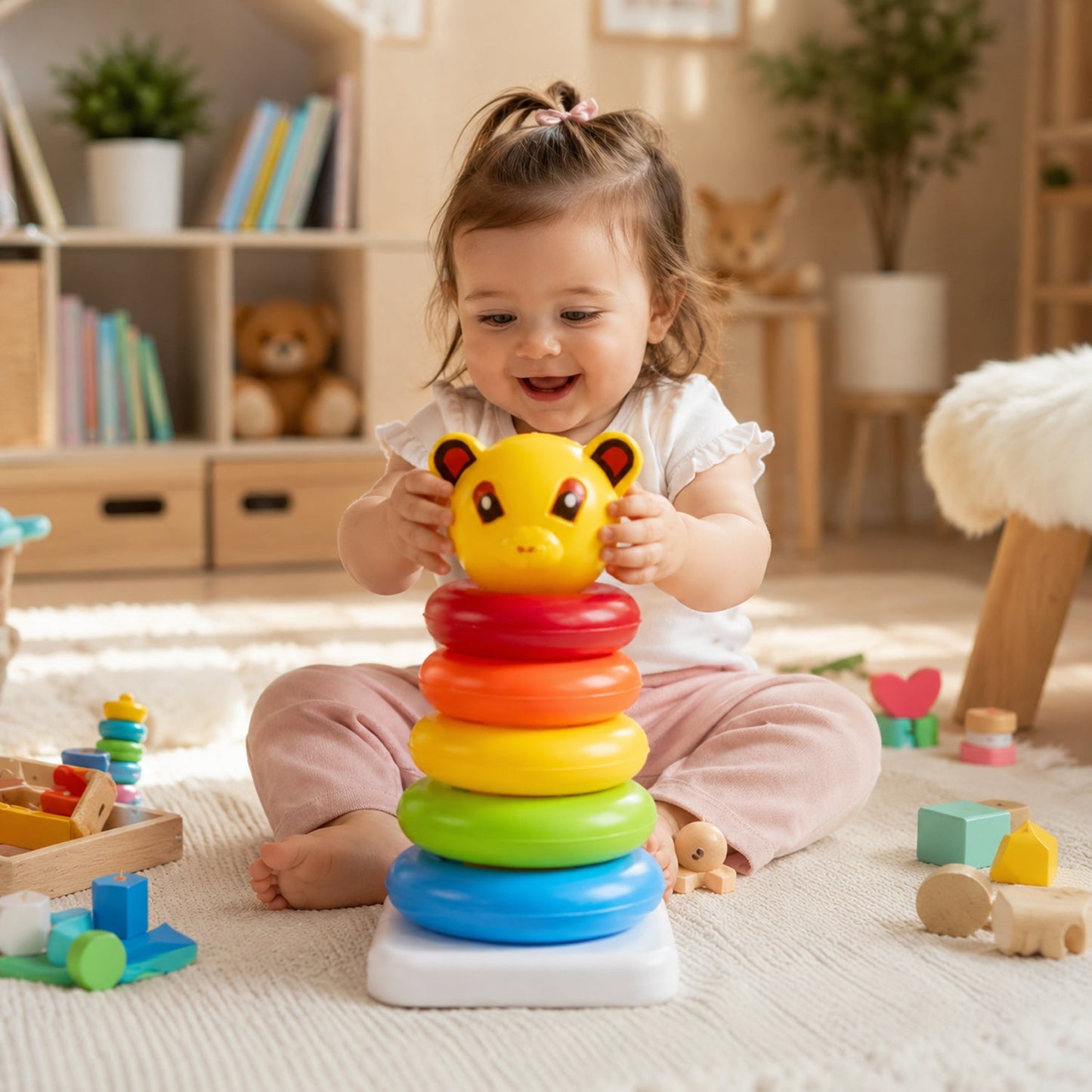Children's jumbo stacking rings toy designed for color and shape recognition.
