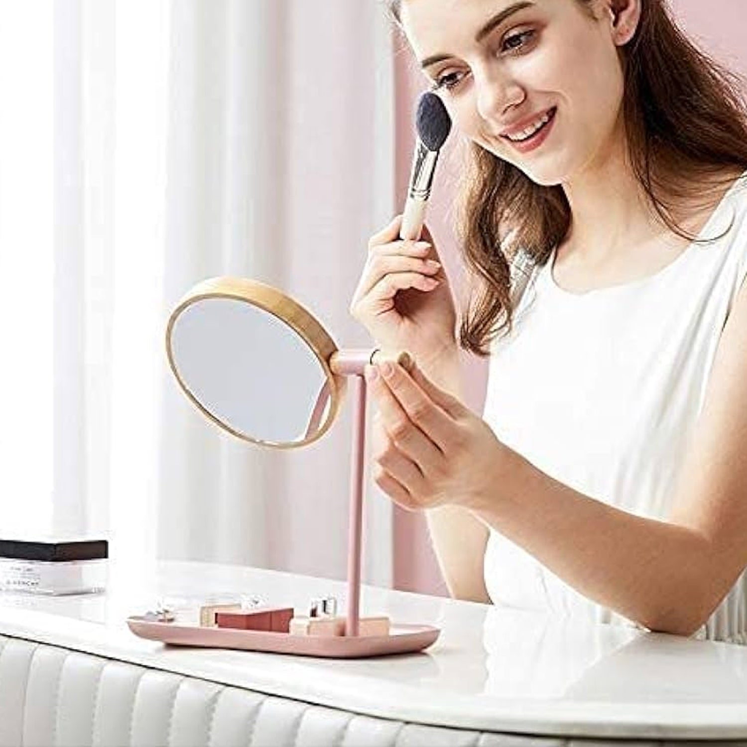 Cosmetic makeup mirror with sturdy tabletop stand and wooden-look frame