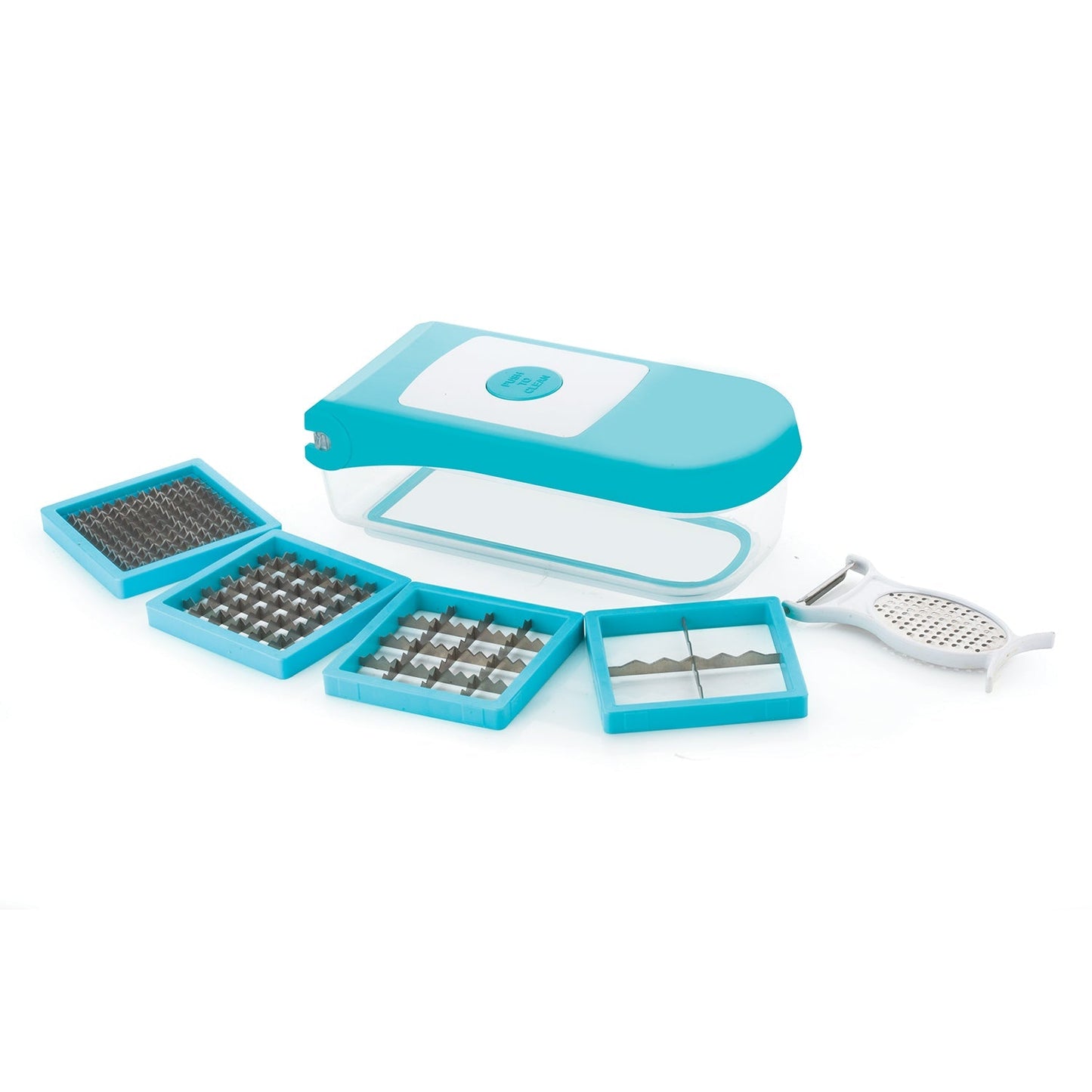 Detailed view of the Ganesh 7-in-1 plastic vegetable dicer's cutting mechanism.