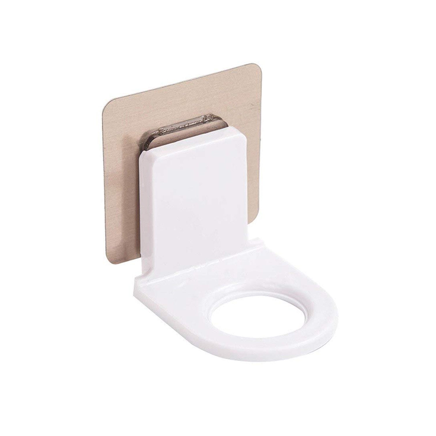 Self-adhesive hook securely holding shampoo and body wash bottles in a shower.