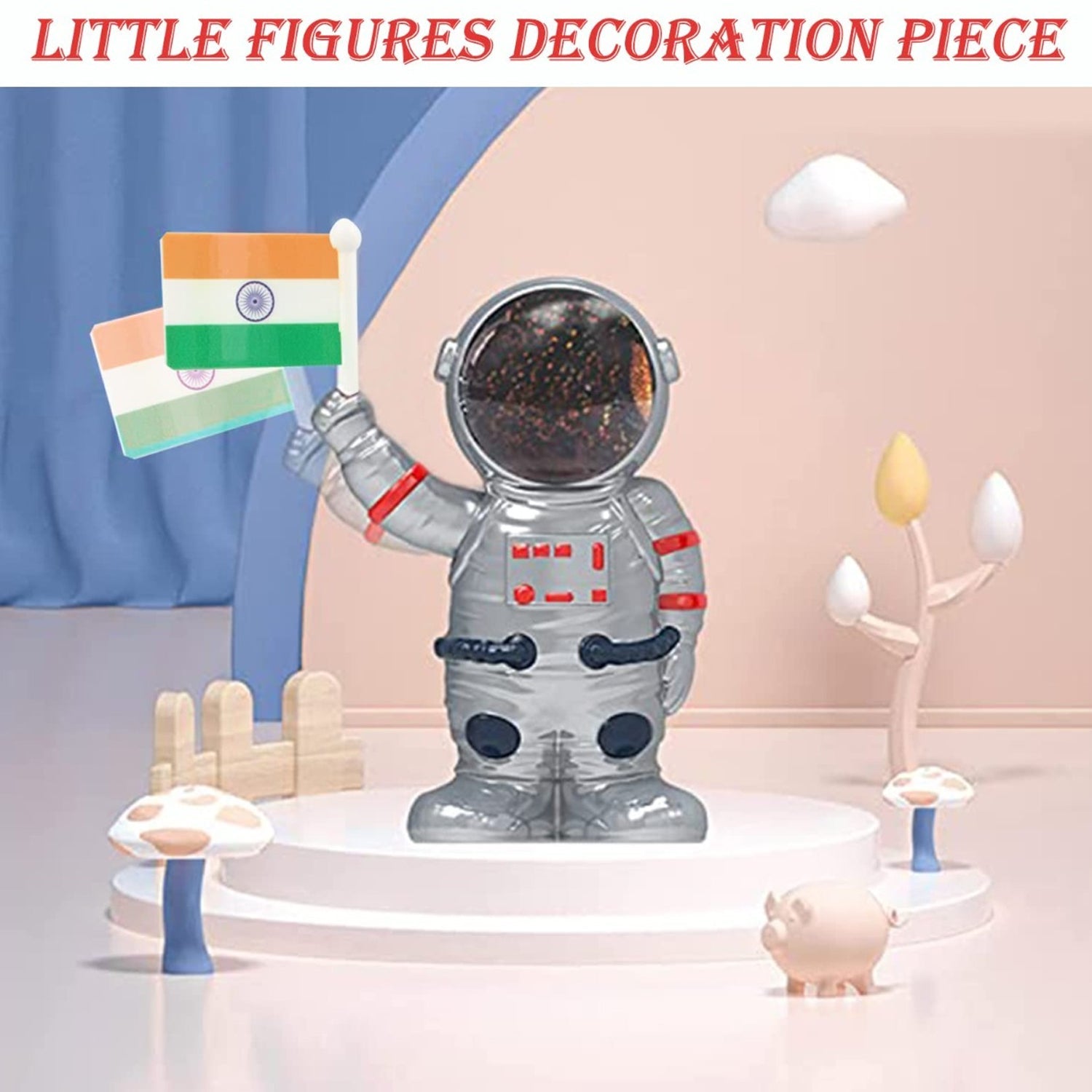 Solar powered astronaut figurine waving Indian flag on car dashboard