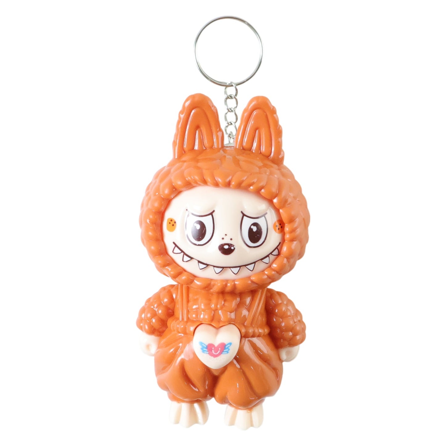 Side view of cartoon character keychain toy attached to keyring