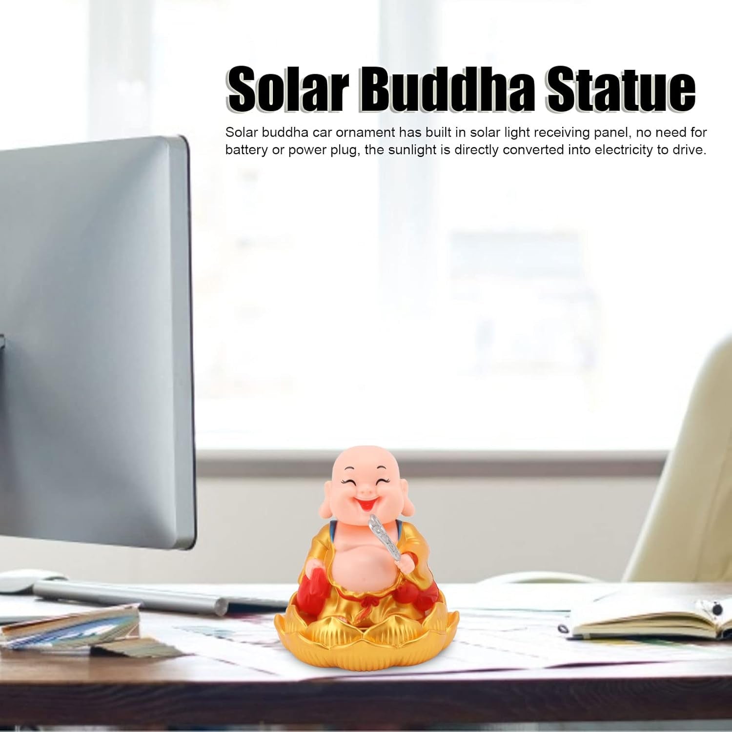 Back view of the durable plastic Solar Buddha Car Ornament, showcasing its solar panel.