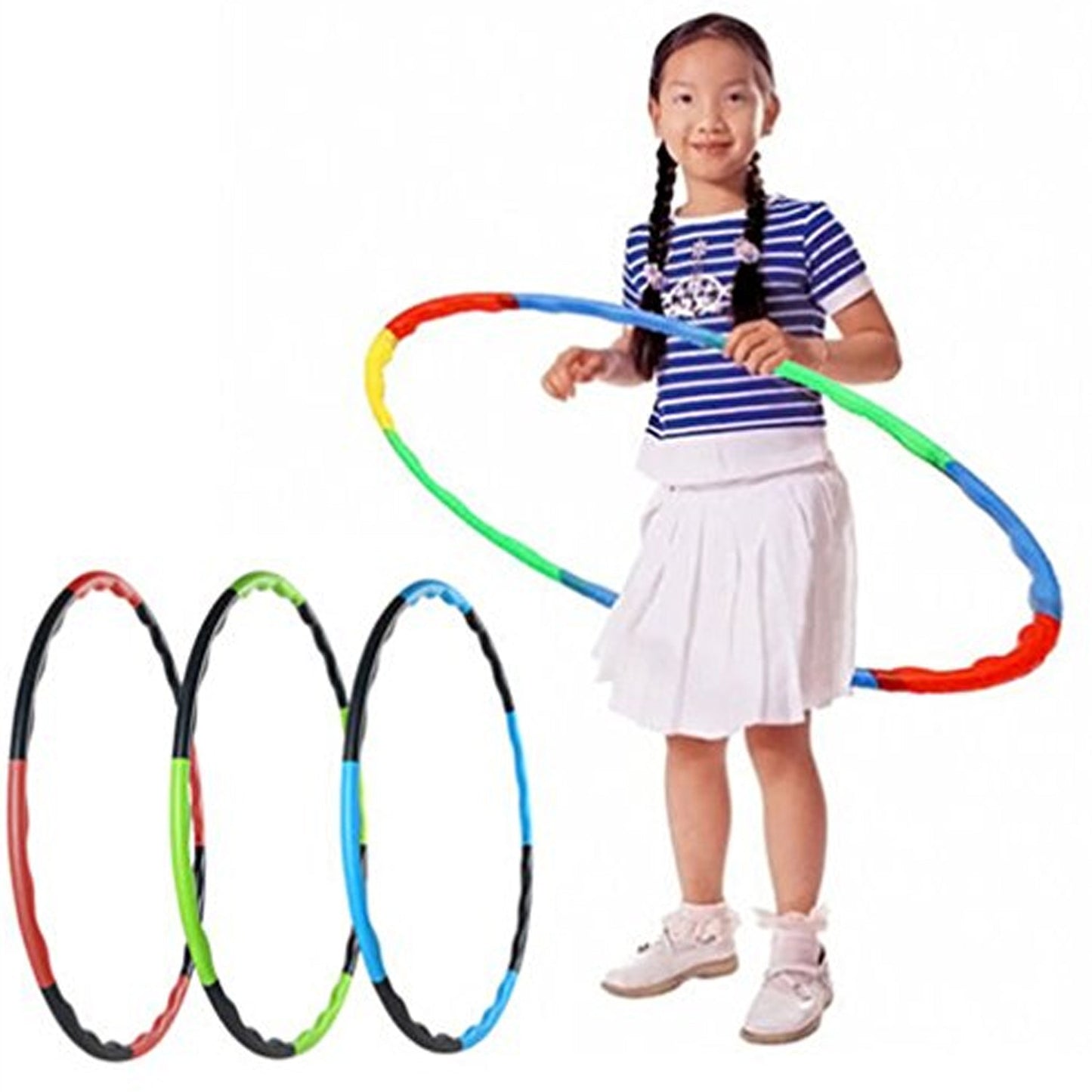The complete interlocking hula hoop assembled, ready for fitness.